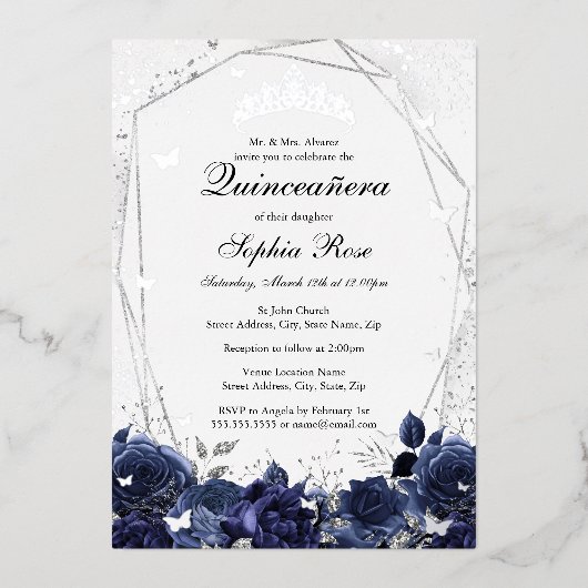 Navy Silver Sparkle Blume Tiara Quinceanera Folieneinladung (Vorderseite)