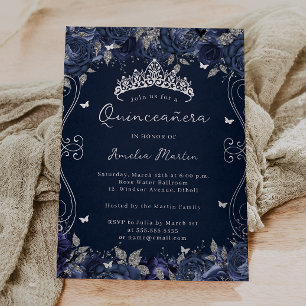 Navy Silver Swirl Scroll Floral Quinceanera Folieneinladung