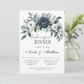 Navy & Silver und Elfenbeinflora Probe Abendessen Einladung (Stehend Vorderseite)