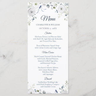 Navy Silver Watercolor Floral Wedding Menu Menükarte