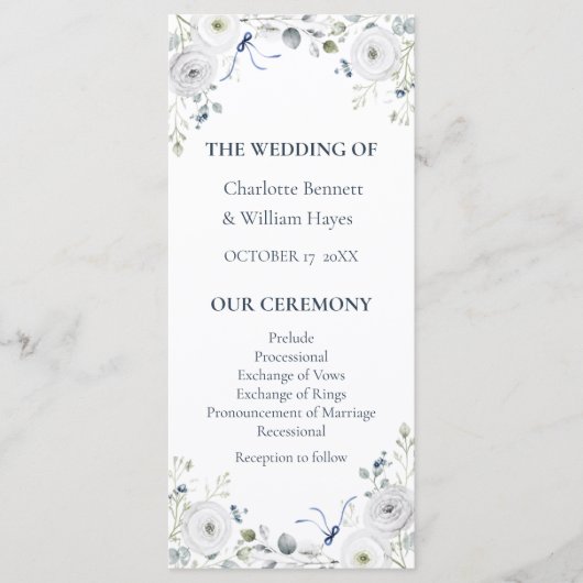 Navy Silver Watercolor Floral Wedding Program Programm (Vorderseite)