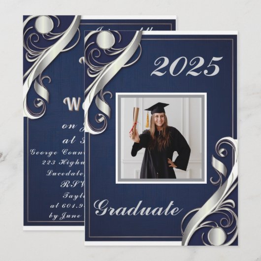 Navy Silver White Abschluss 2025 Einladung (Vorne/Hinten)