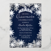 Navy Silver Winter Snowflake Quinceanera Folieneinladung (Vorderseite)