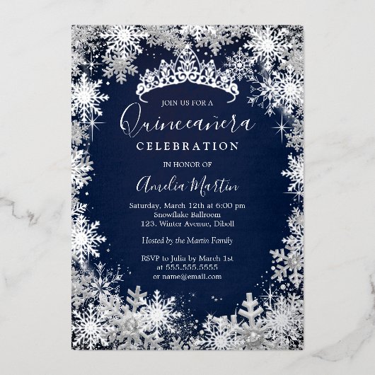 Navy Silver Winter Snowflake Quinceanera Folieneinladung (Vorderseite)