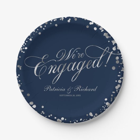 Navy Silver Wir sind Verlobte Engagement Party Pappteller (Vorderseite)