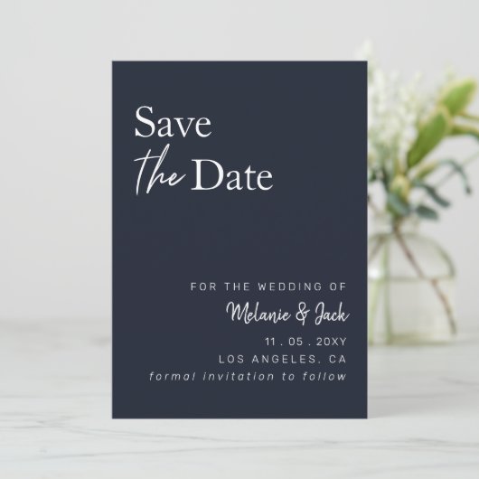 Navy Simple Calligraphy Foto Save the Date (Stehend Vorderseite)