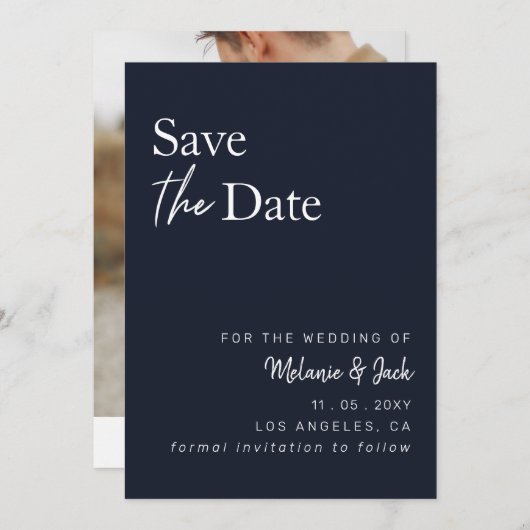 Navy Simple Calligraphy Foto Save the Date (Vorne/Hinten)