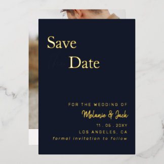Navy Simple Calligraphy Foto Save the Date Folieneinladung