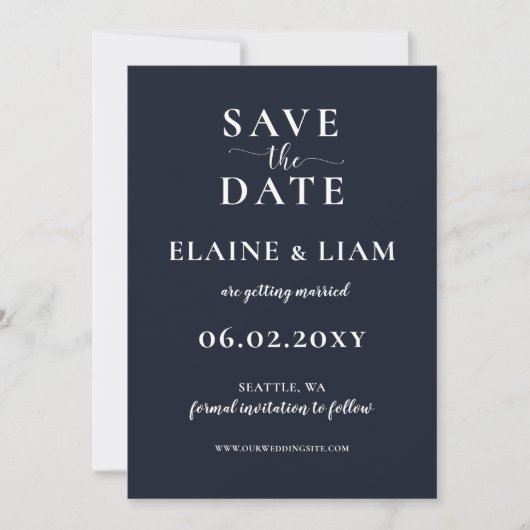 Navy Simple Calligraphy Modern Save the Date (Vorderseite)
