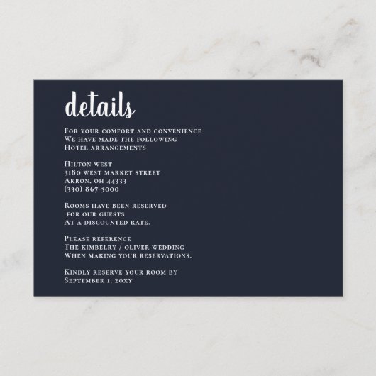 Navy Simple Calligraphy Modern Wedding Begleitkarte (Vorderseite)