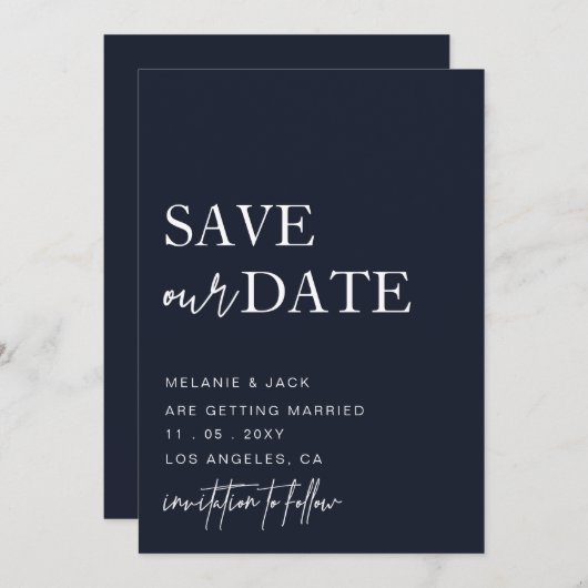 Navy Simple Calligraphy Save the Date (Vorne/Hinten)