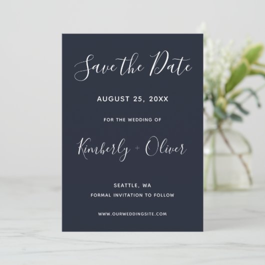 Navy Simple Calligraphy Save the Date (Stehend Vorderseite)