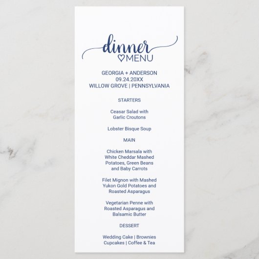 Navy Simple Calligraphy Wedding Dinner Menu Card Menükarte (Vorderseite)