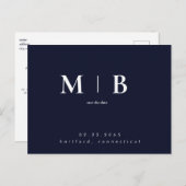Navy Simple Contemporary Monogram Save the Date Postkarte (Vorne/Hinten)