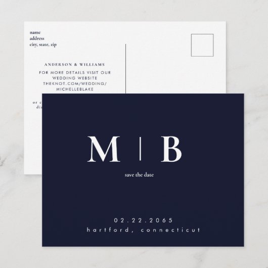 Navy Simple Contemporary Monogram Save the Date Postkarte (Vorne/Hinten)