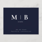 Navy Simple Contemporary Monogram Save the Date Postkarte (Vorderseite)