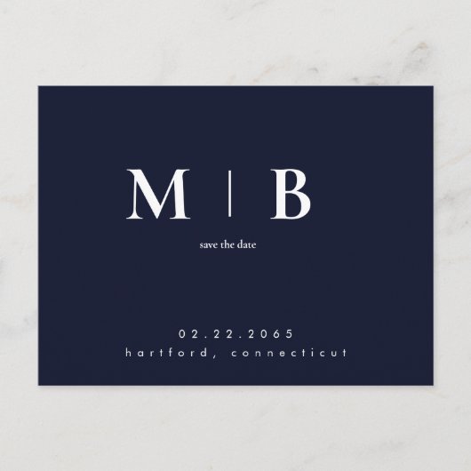 Navy Simple Contemporary Monogram Save the Date Postkarte (Vorderseite)