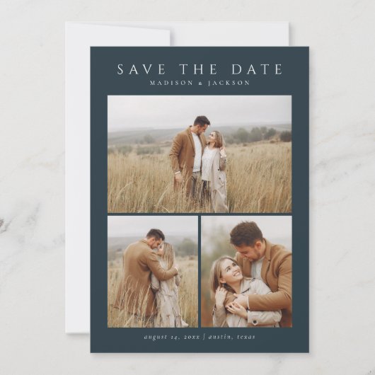 Navy Simple Eleganto Modern Four Foto Save The Date (Vorderseite)