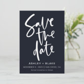 Navy Simple Handwriting Calligraphy Save the Date (Stehend Vorderseite)