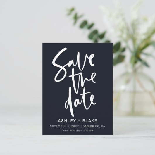 Navy Simple Handwriting Calligraphy Save the Date Ankündigungspostkarte (Stehend Vorderseite)