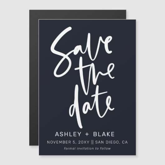 Navy Simple Handwriting Calligraphy Save the Date Magneteinladung (Vorne/Hinten)