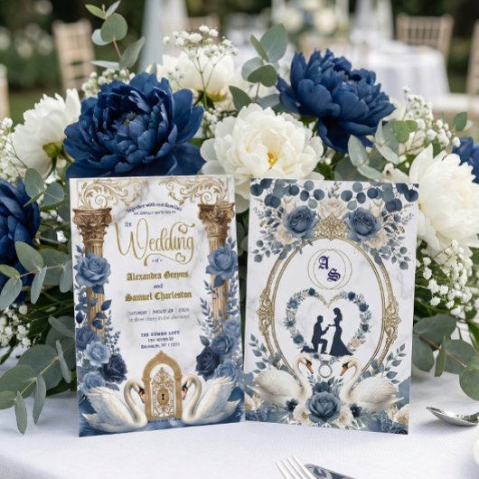 Navy Slate Blue Watercolor Floral Wedding Einladung