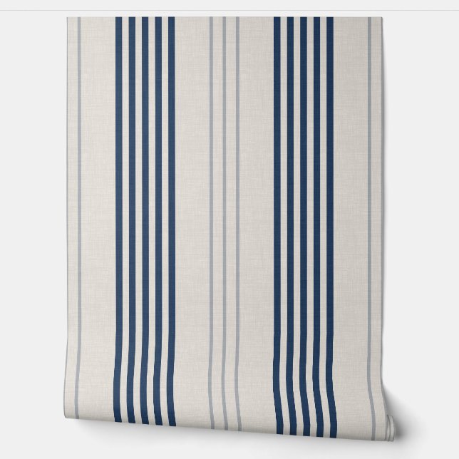 Navy Slate Ticking Stripe Linen Texture Tapete (Abrollen)