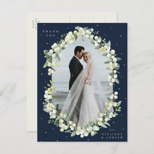 Navy Snowberry+Eucalyptus Wedding Danke Foto Postkarte (Vorne/Hinten)
