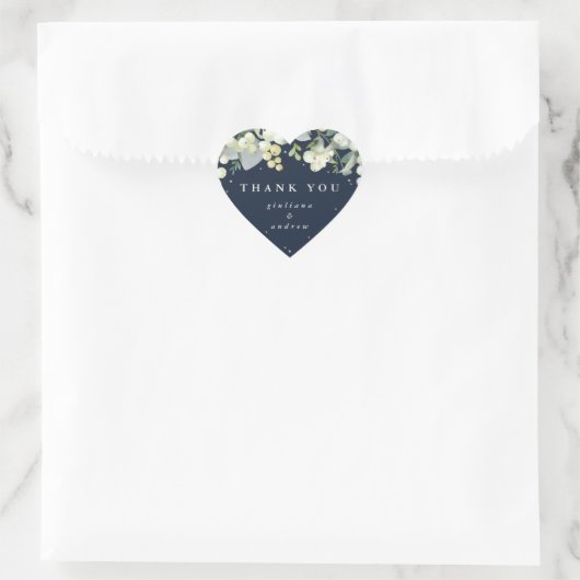 Navy Snowberry+Eucalyptus Wedding Vielen Dank Herz-Aufkleber (Tasche)