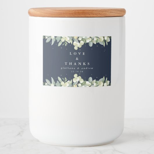 Navy Snowberry+Eucalyptus Winter Wedding Gefallen Lebensmitteletikett (Vorderseite)