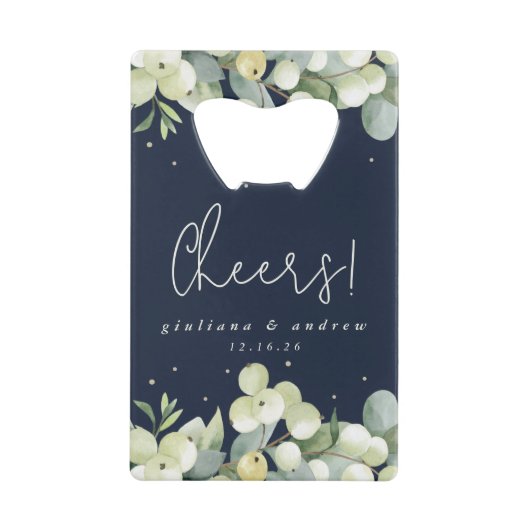 Navy Snowberry+Eucalyptus Winter Wedding Mini Geldbeutel Flaschenöffner (Vorderseite)