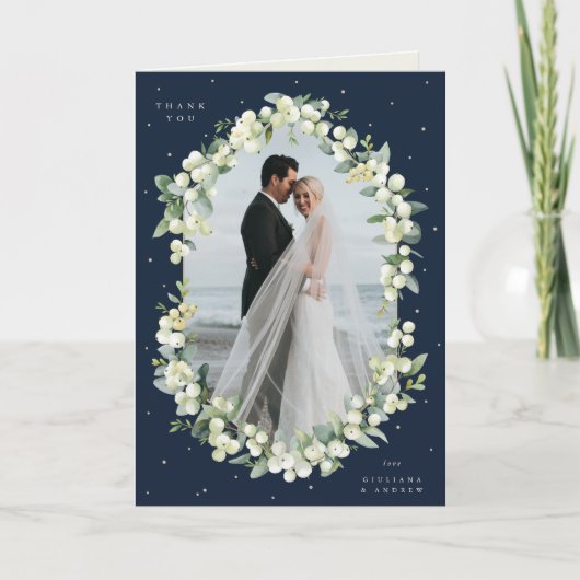 Navy Snowberry+Eukalyptus Wedding Foto geklappt Dankeskarte (Vorderseite)