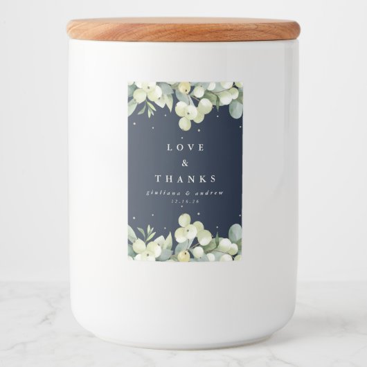 Navy Snowberry+Eukalyptus Winter Wedding Lebensmitteletikett (Vorderseite)