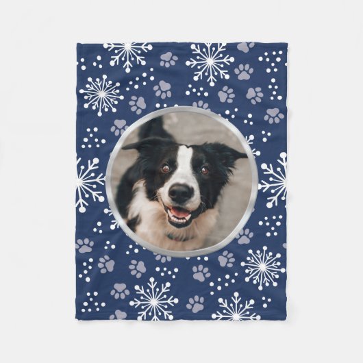 Navy Snowflake Paw Muster Pet Foto Fleecedecke (Vorderseite)