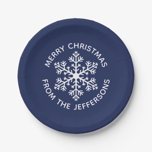 Navy Snowflake Weihnachtspapier Teller (Vorderseite)