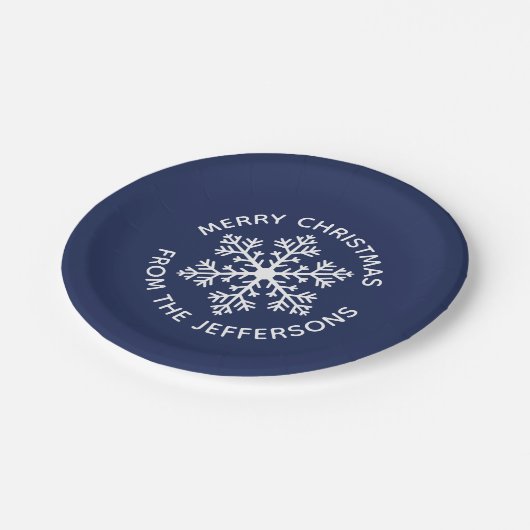 Navy Snowflake Weihnachtspapier Teller (Schrägansicht)
