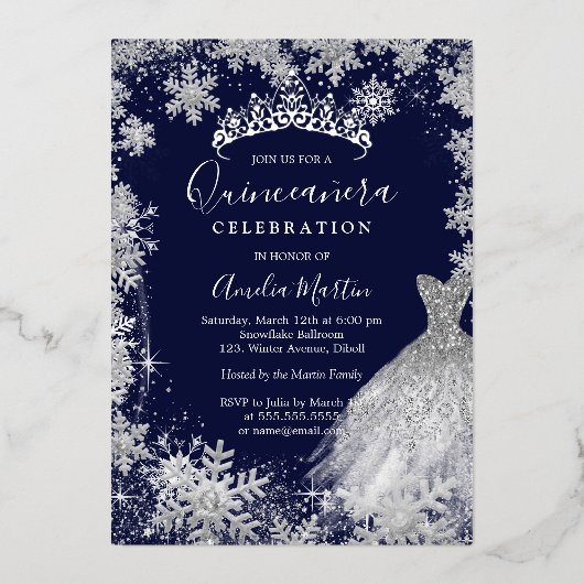 Navy Snowflake Winter Quinceanera Folieneinladung (Vorderseite)