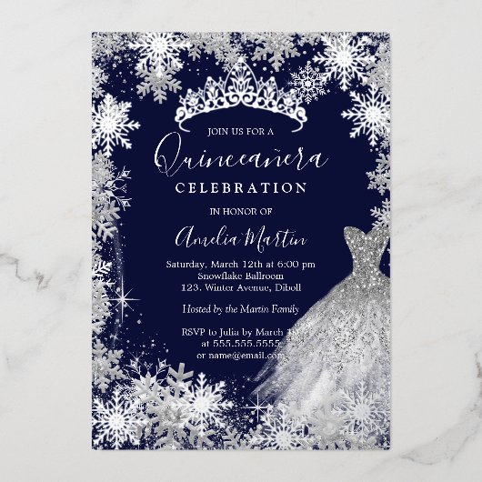 Navy Snowflake Winter Quinceanera Folieneinladung (Vorderseite)