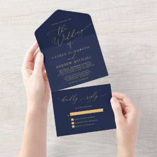 Navy-Sonnenblume Gold-Gelb Minimalistische Hochzei All In One Einladung