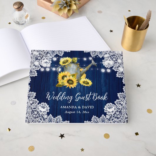 Navy Sonnenblumenwasser kann Lichter Hochzeiten Gästebuch (Vorderseite Offen)