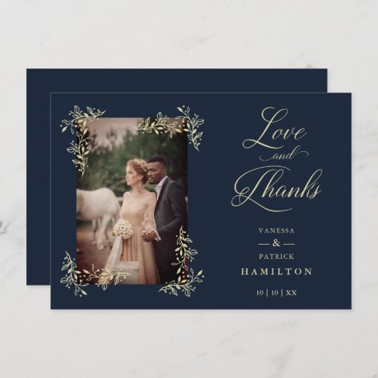 Navy Sophisticated Flourish Photo Wedding Love and Dankeskarte (Vorne/Hinten)