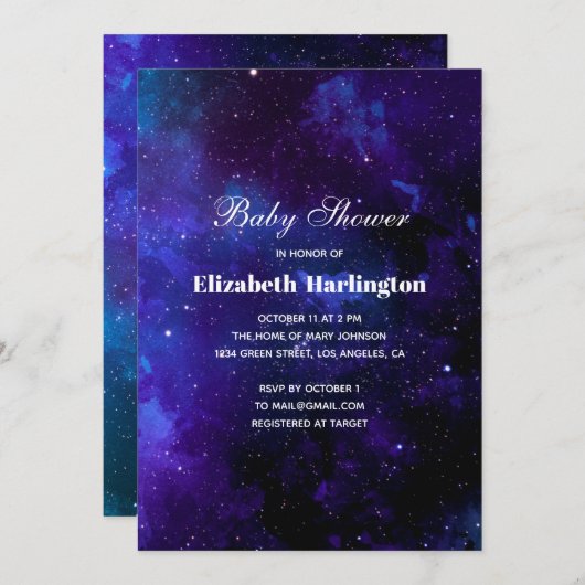 Navy Space. Nachtsterne. Moderne Galaxie-Babydusch Einladung (Vorne/Hinten)