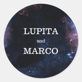 Navy Space Thema Elegante Stars Galaxy Hochzeit Runder Aufkleber