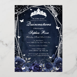 Navy Sparkle Blume Tiara Silver Quinceanera Folieneinladung