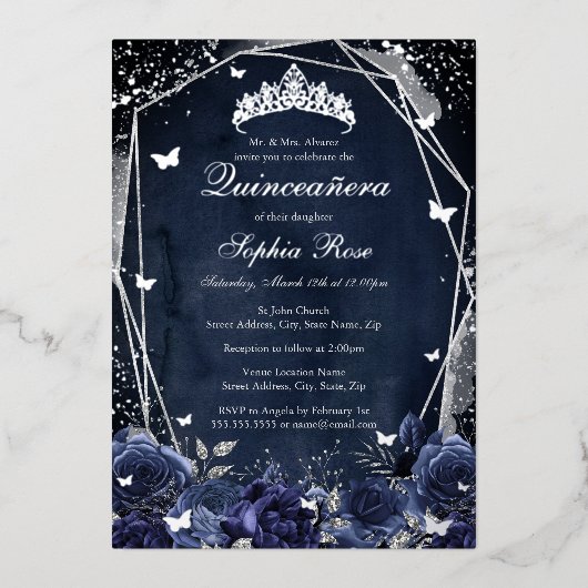 Navy Sparkle Blume Tiara Silver Quinceanera Folieneinladung (Vorderseite)