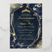 Navy Sparkle Gold Floral Butterfly Quinceanera Folieneinladung (Vorderseite)