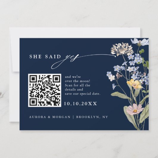 Navy Spring Wildblume Meadow Foto QR-Code Save The Date (Vorderseite)