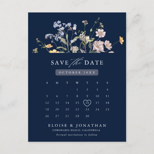 Navy Spring Wildblume Meadow Save the Date Postkarte (Vorderseite)