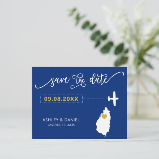 Navy St. Lucia Wedding Save the Date Map Postcard Postkarte (Stehend Vorderseite)