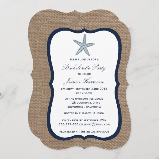 Navy Starfish Beach Burlap Junggeselinnen-Abschied Einladung (Vorne/Hinten)
